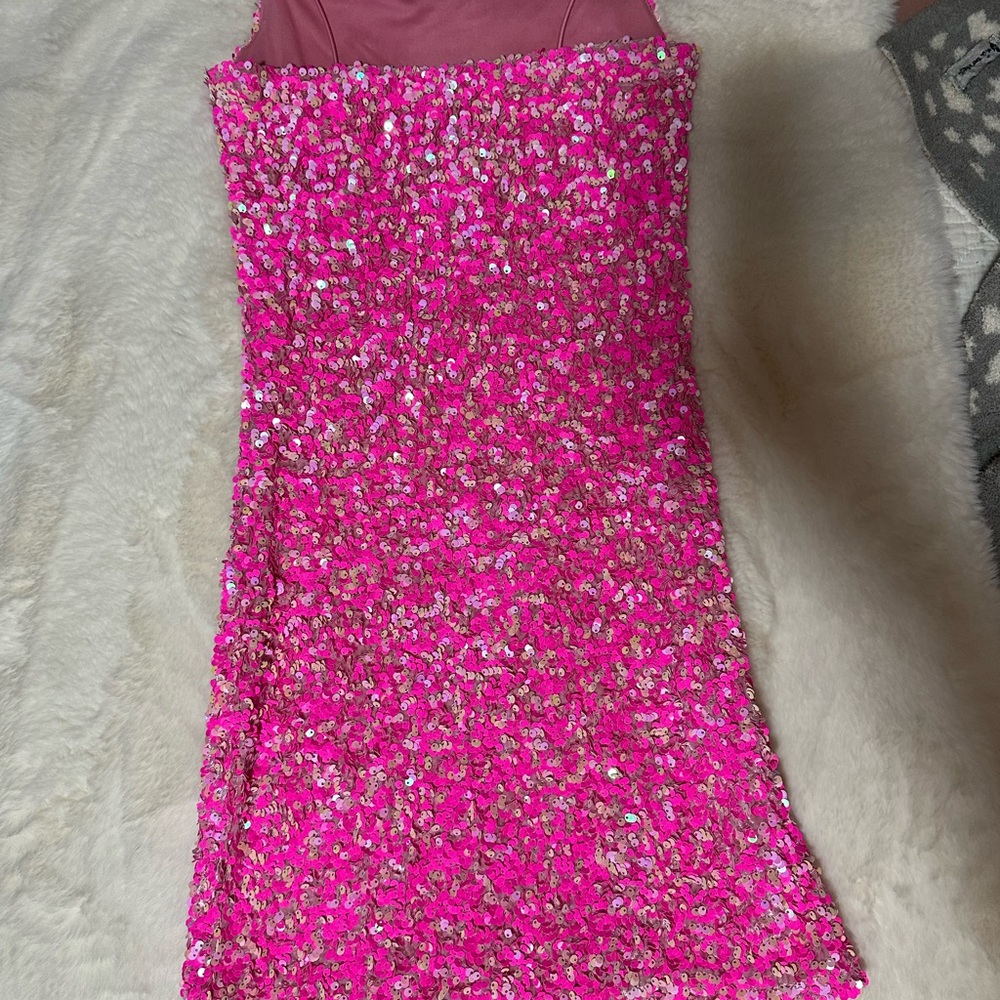 Pink Sequin Spaghetti Strap Mini Dress